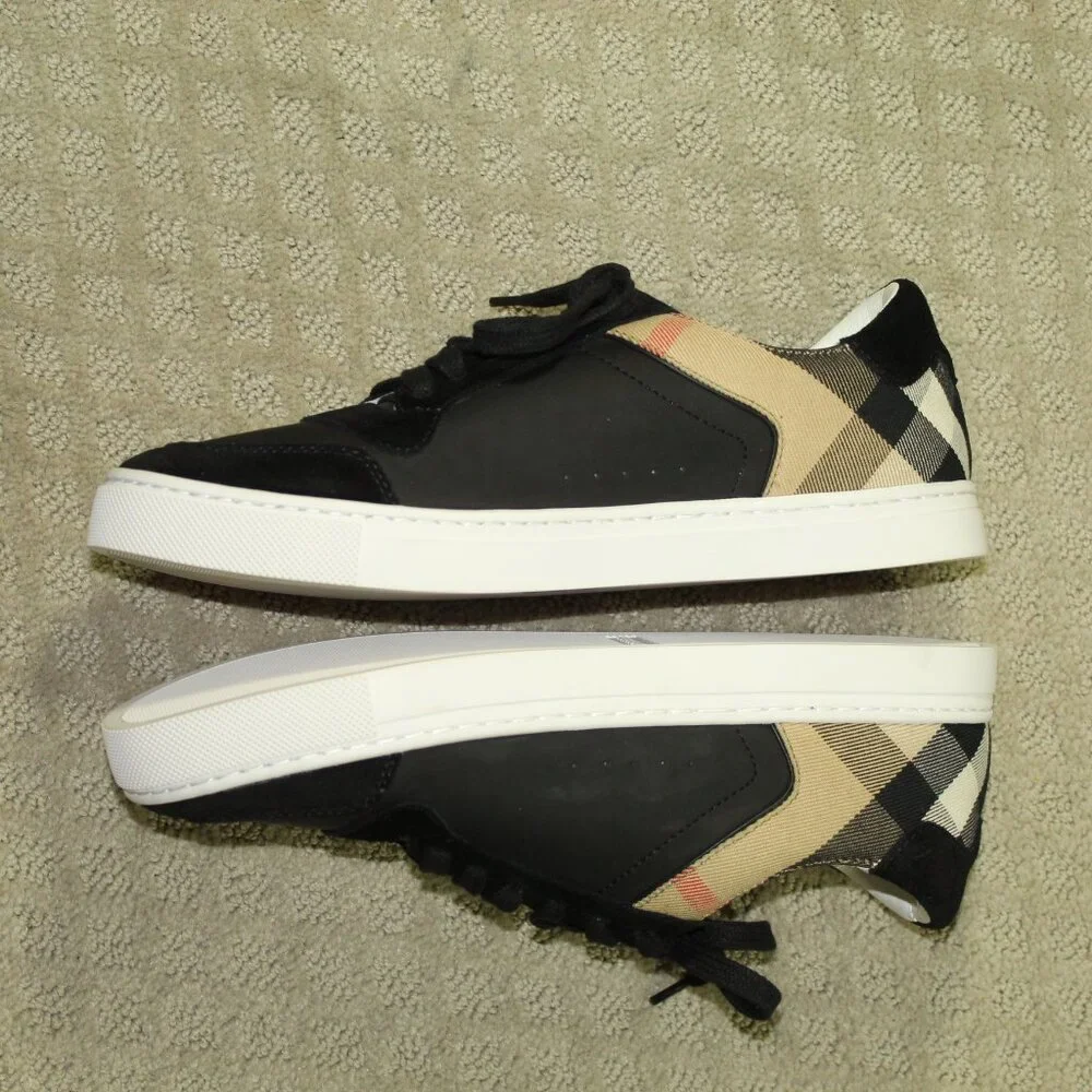 New BURBERRY Reeth Unisex Black Leather, Suede, Check Sneakers Women's 9.5